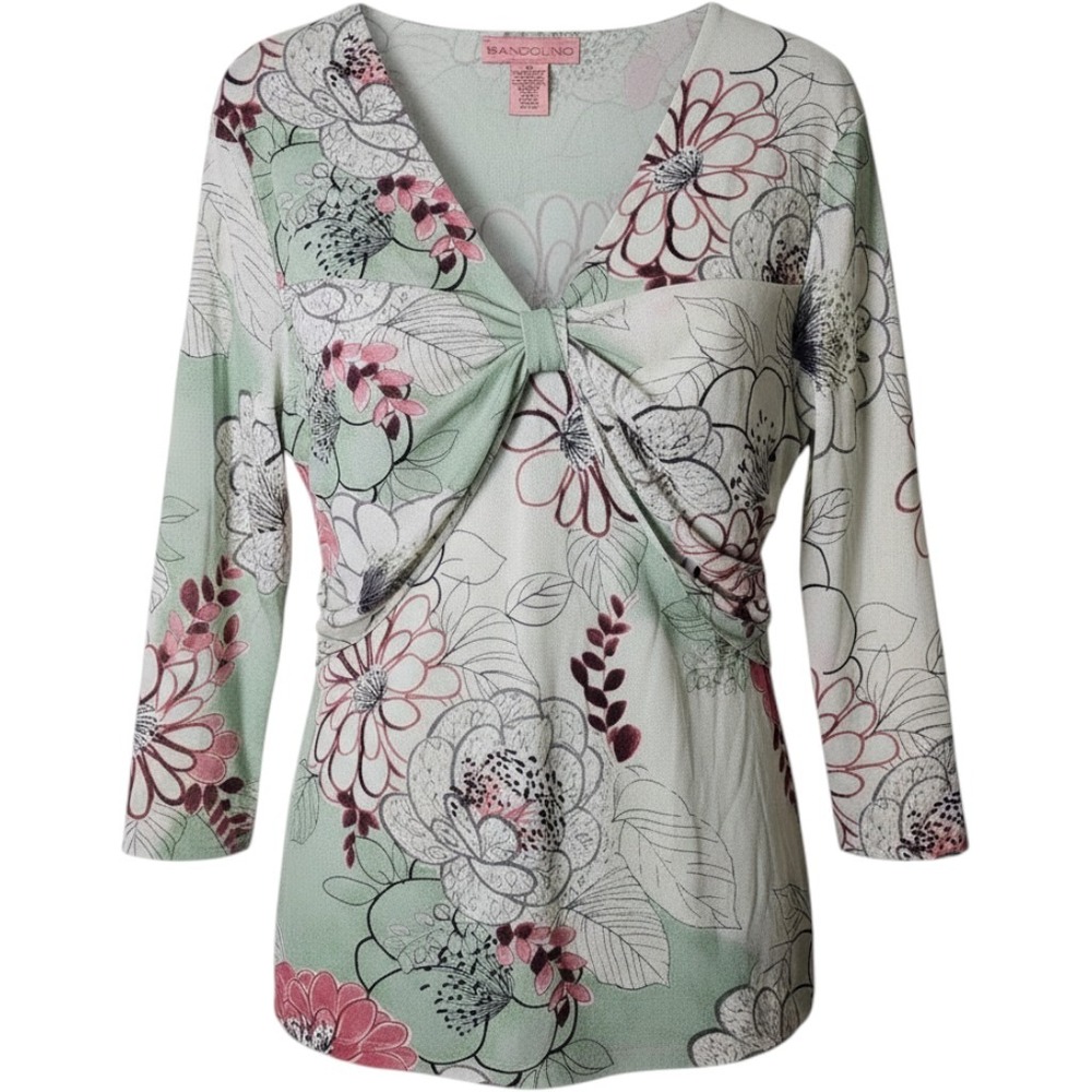 VTG Bandalino XL Green Babydoll Top 3/4‎ Sleeve Floral Mesh Fairygrunge Y2K